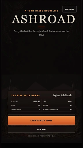 Ashroad main menu showing Continue Run and New Run options.