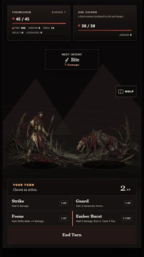 Turn-based combat encounter against an Ash Hound in Ashroad.