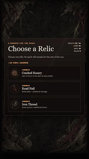 Ashroad relic selection screen with three upgrade choices.