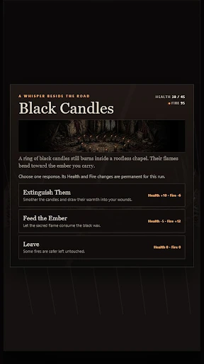 Black Candles narrative event in Ashroad, presenting the player with multiple choices.