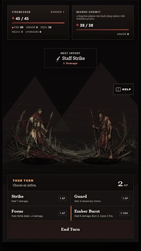 Turn-based combat encounter against a Marsh Hermit in Ashroad.